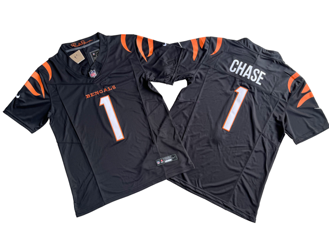 Black Ja’Marr Chase #1 Bengals jersey photographed flat, front and CHASE back views