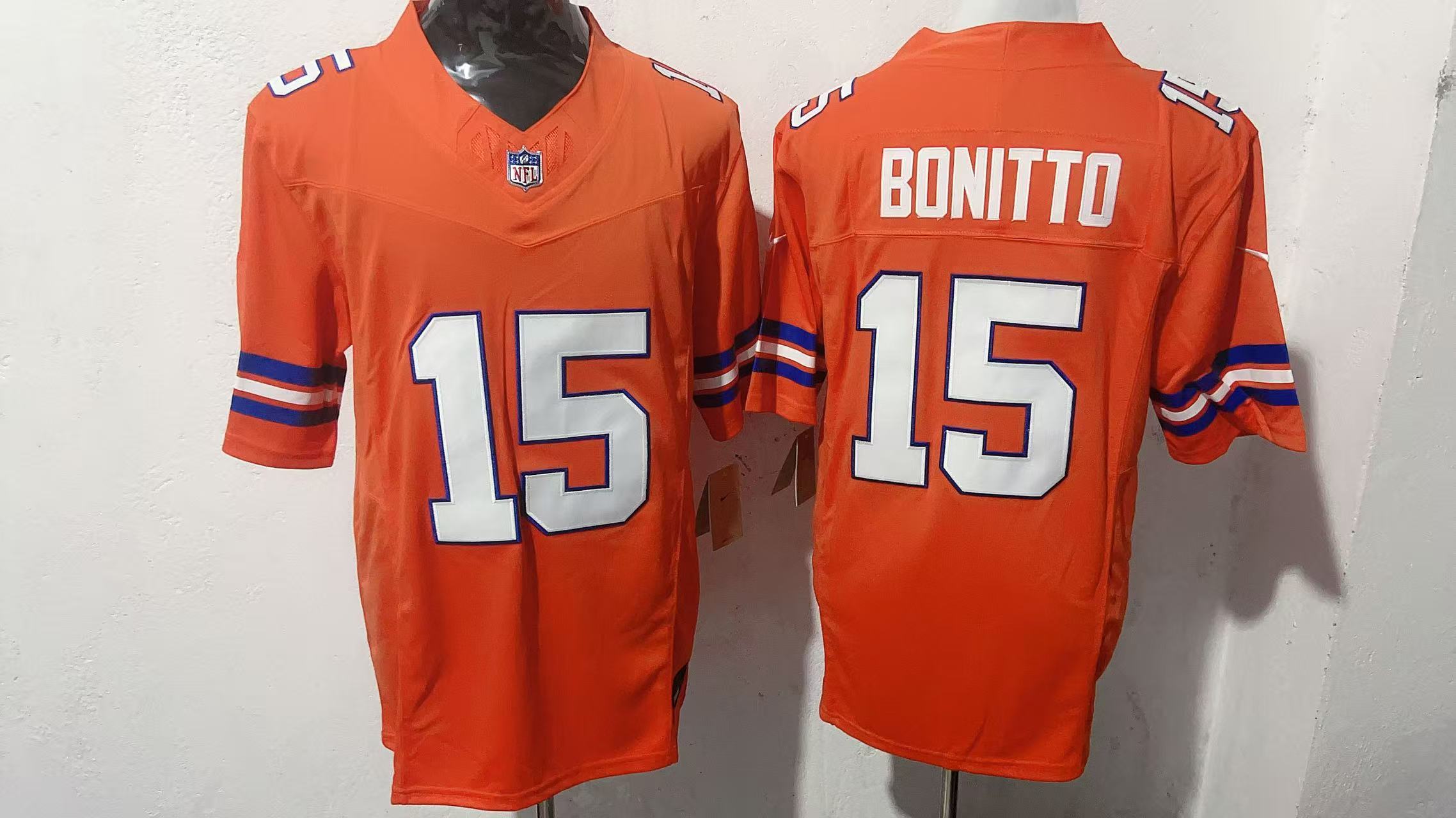 Nik Bonitto #15 Denver Broncos Orange 1977 Throwback Jersey — supplier front and back