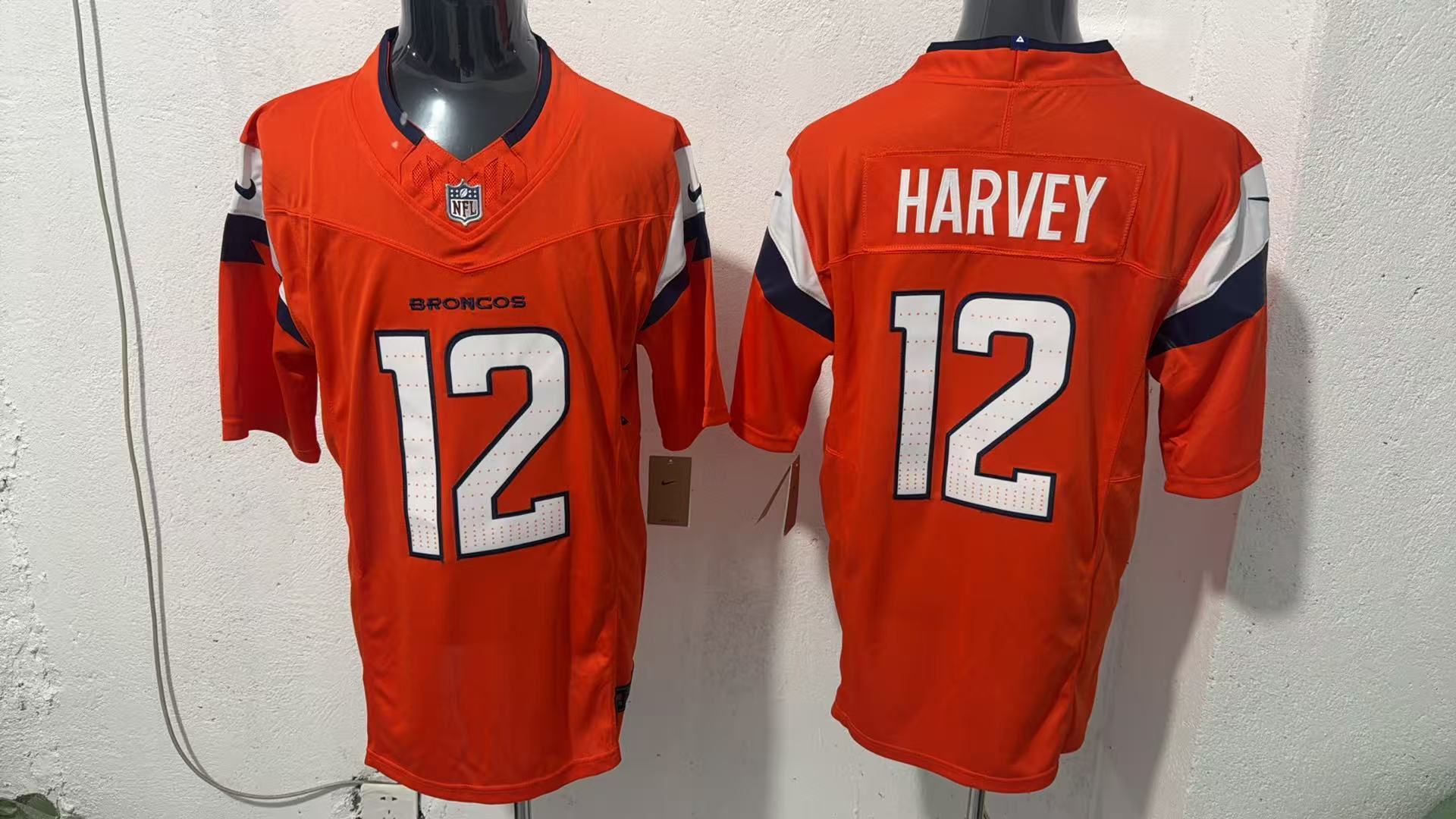 RJ Harvey #12 Denver Broncos Orange Home Jersey — supplier front and back