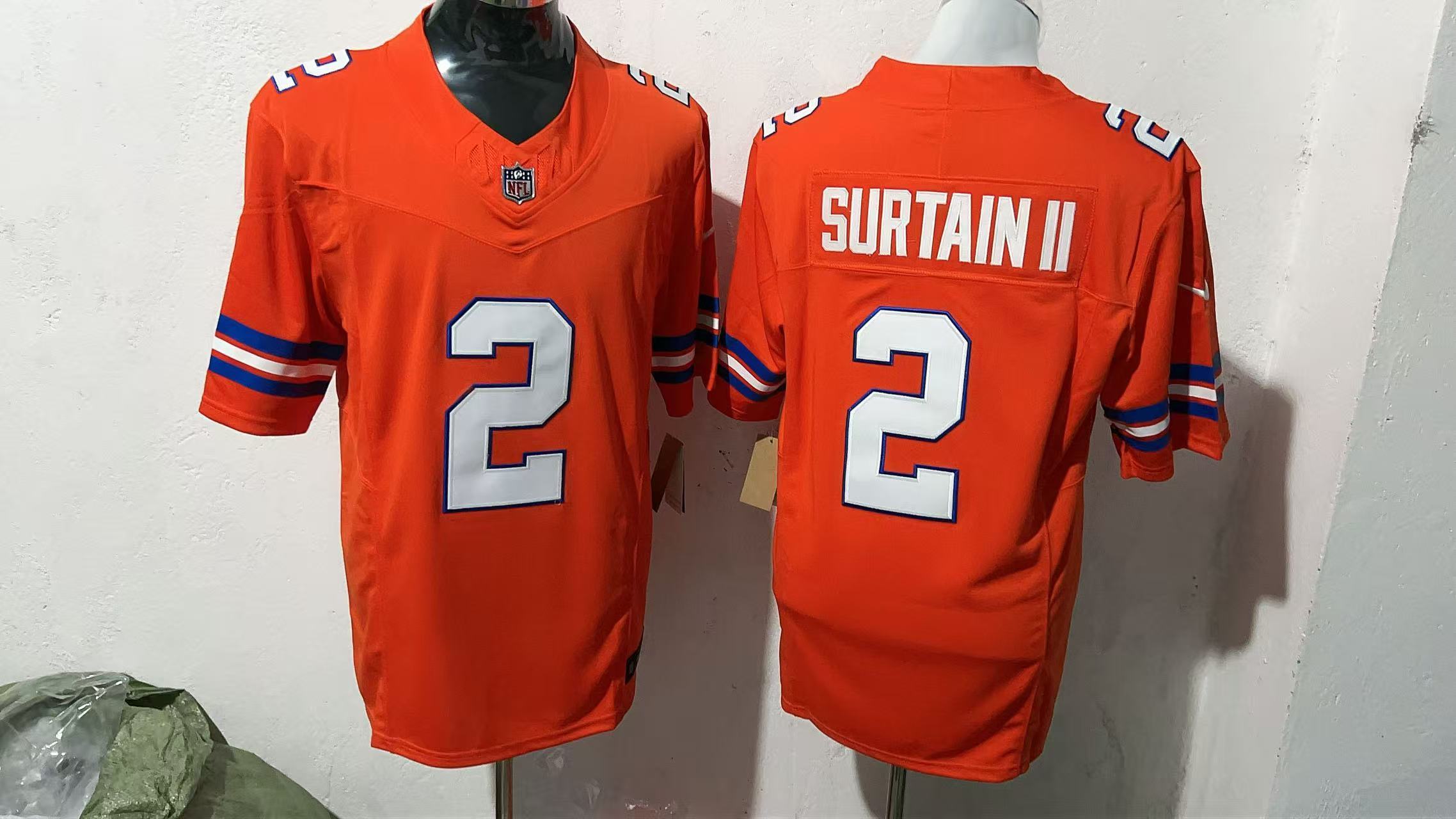 Patrick Surtain II #2 Denver Broncos Orange 1977 Throwback Jersey — supplier front and back