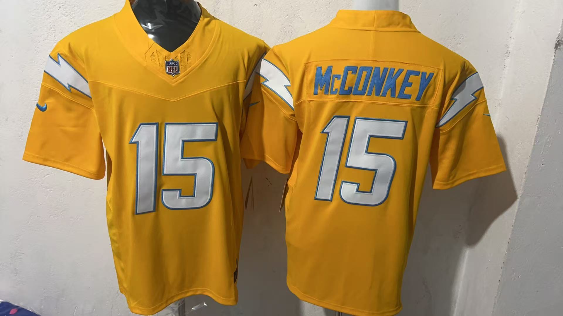 Ladd McConkey #15 Los Angeles Chargers Gold Charger Power Jersey — supplier front and back