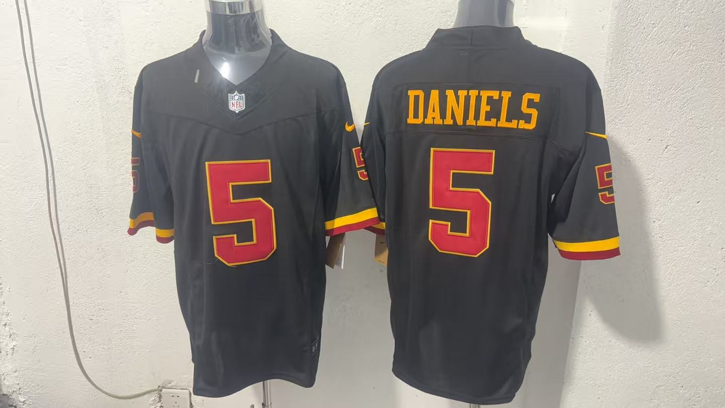 Jayden Daniels #5 Washington Commanders Black Hail Raiser Jersey — supplier front and back
