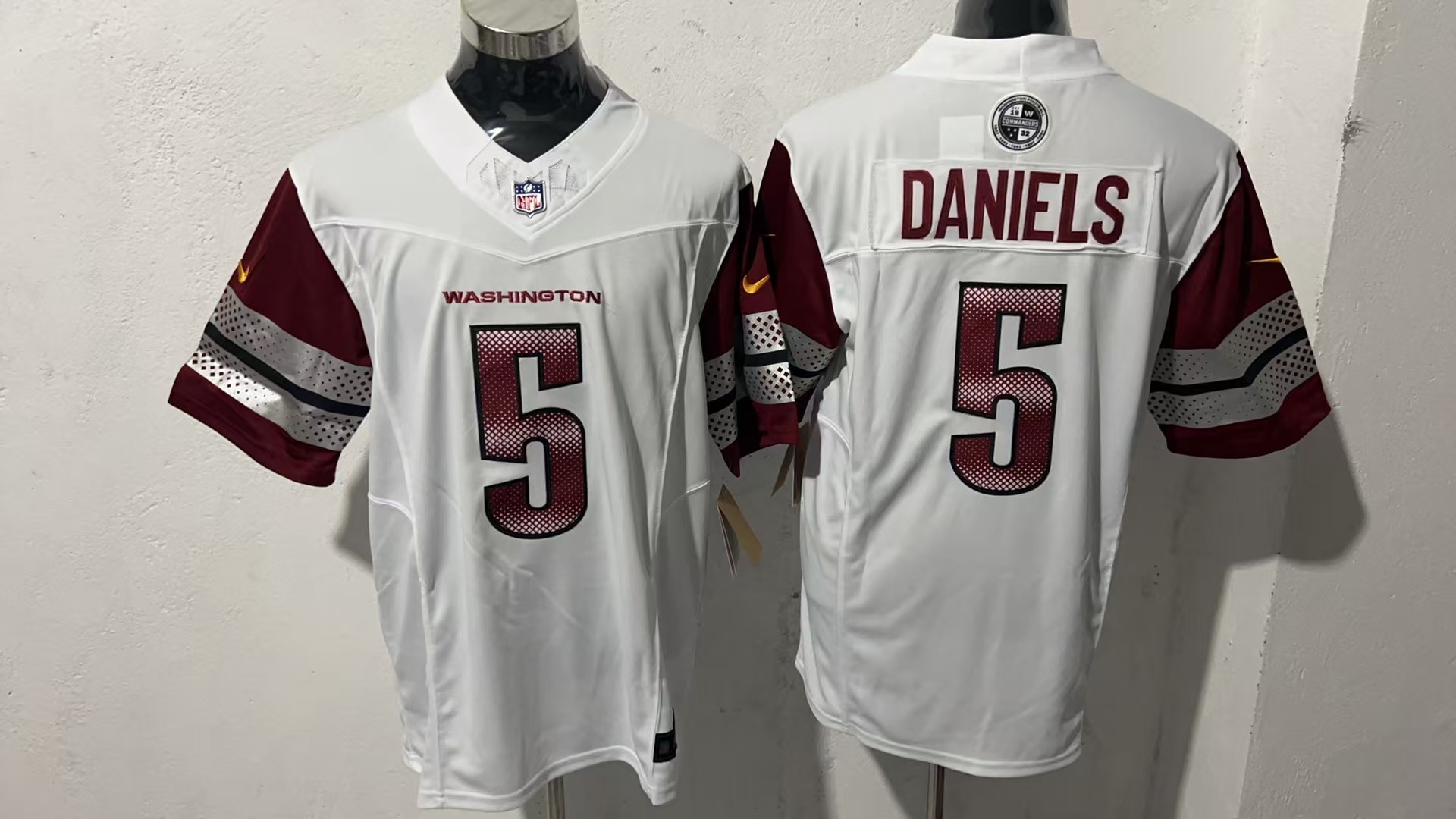 Jayden Daniels #5 Washington Commanders White Away Jersey — supplier front and back