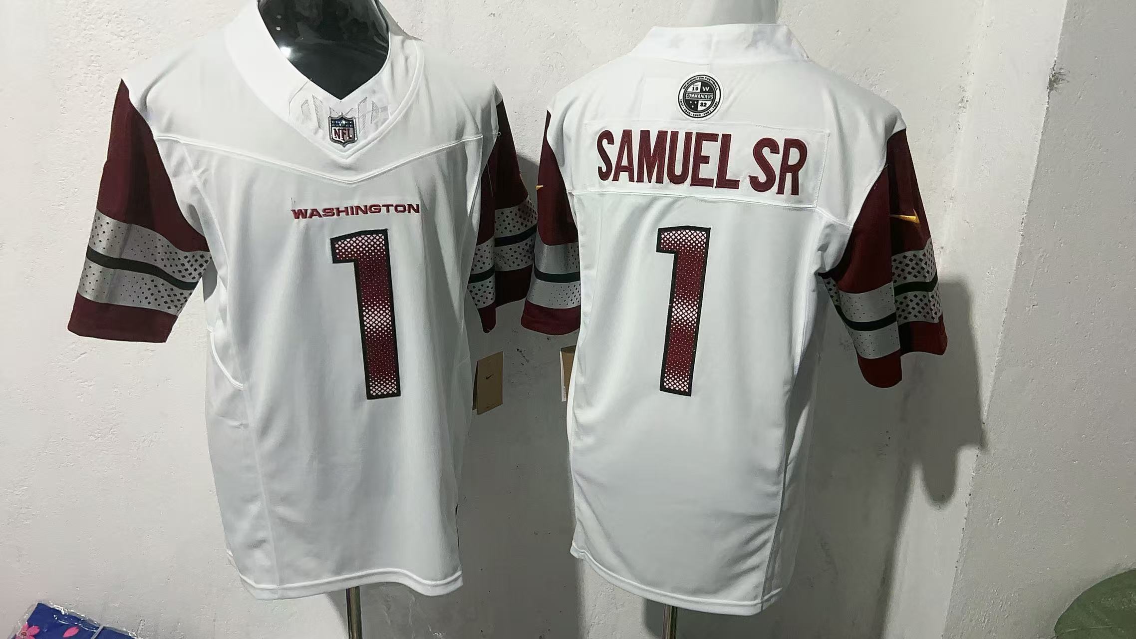 Deebo Samuel Sr. #1 Washington Commanders White Away Jersey — supplier front and back