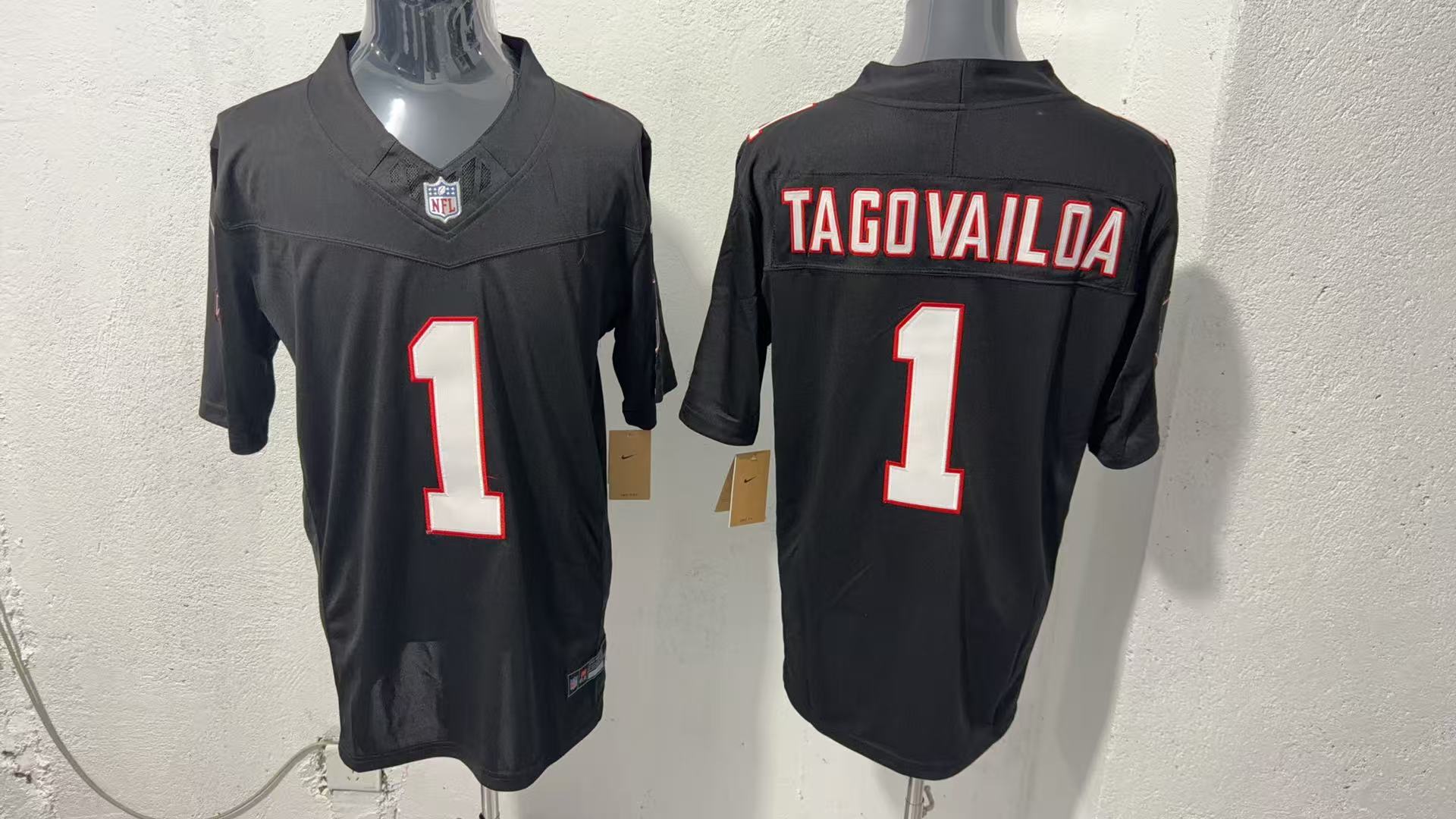 Tua Tagovailoa #1 Atlanta Falcons Black Throwback Jersey — supplier front and back