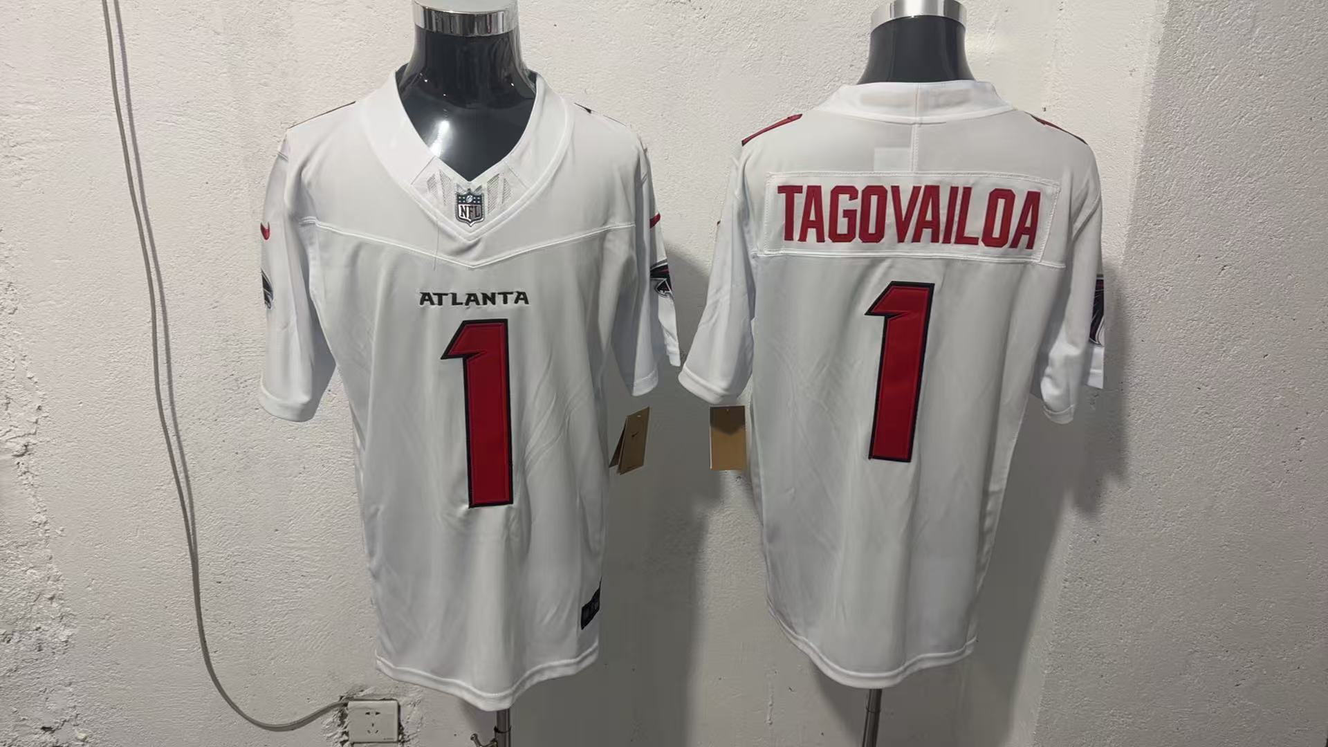 Tua Tagovailoa #1 Atlanta Falcons White Away Jersey — supplier front and back