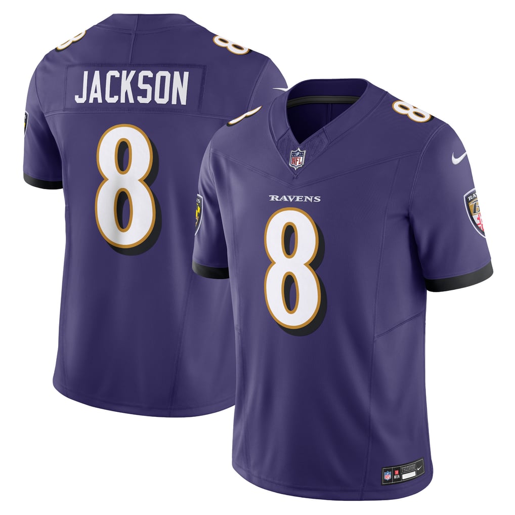 Lamar Jackson #8 Baltimore Ravens — Purple — front and back