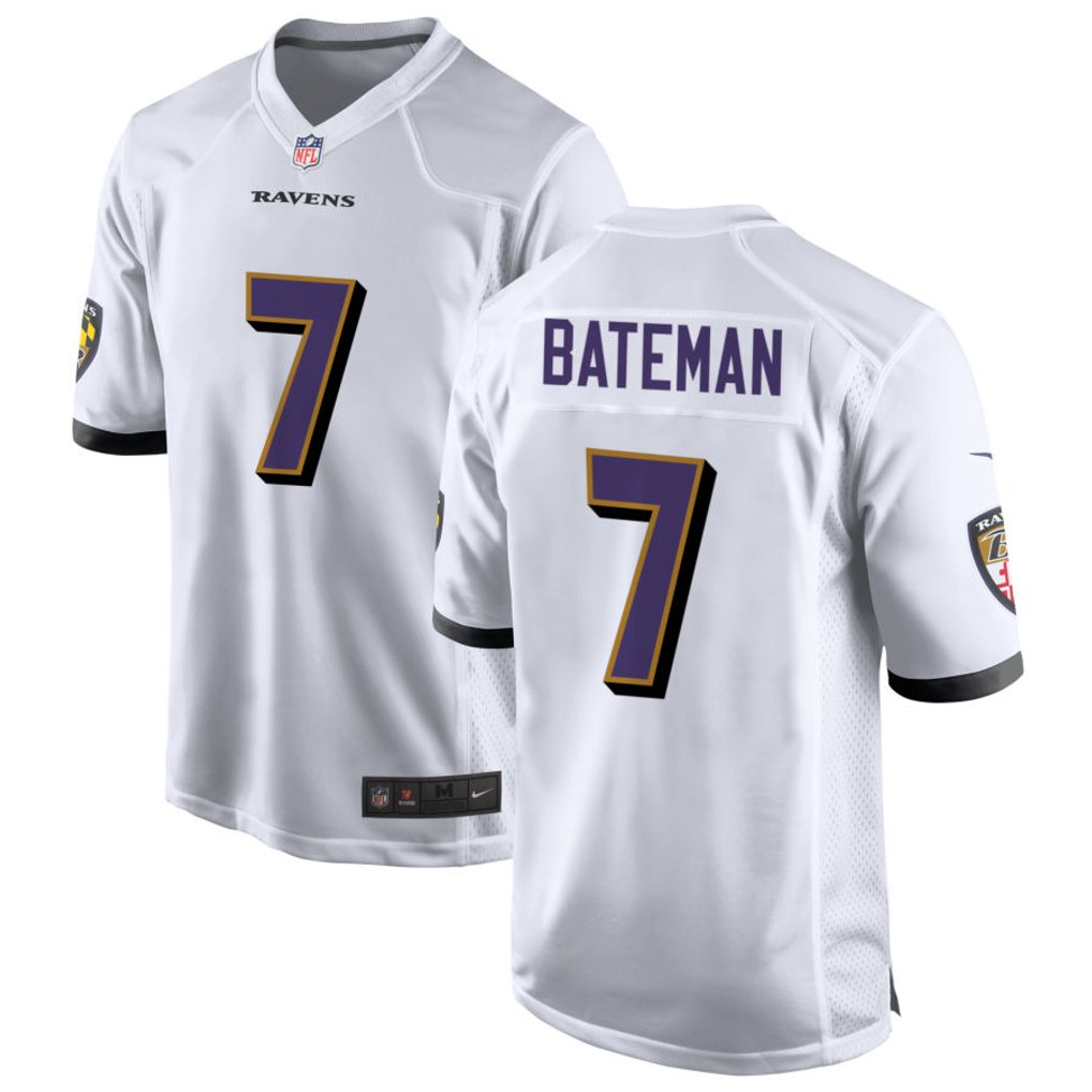 Rashod Bateman #7 Baltimore Ravens White Away Jersey - front and back reference