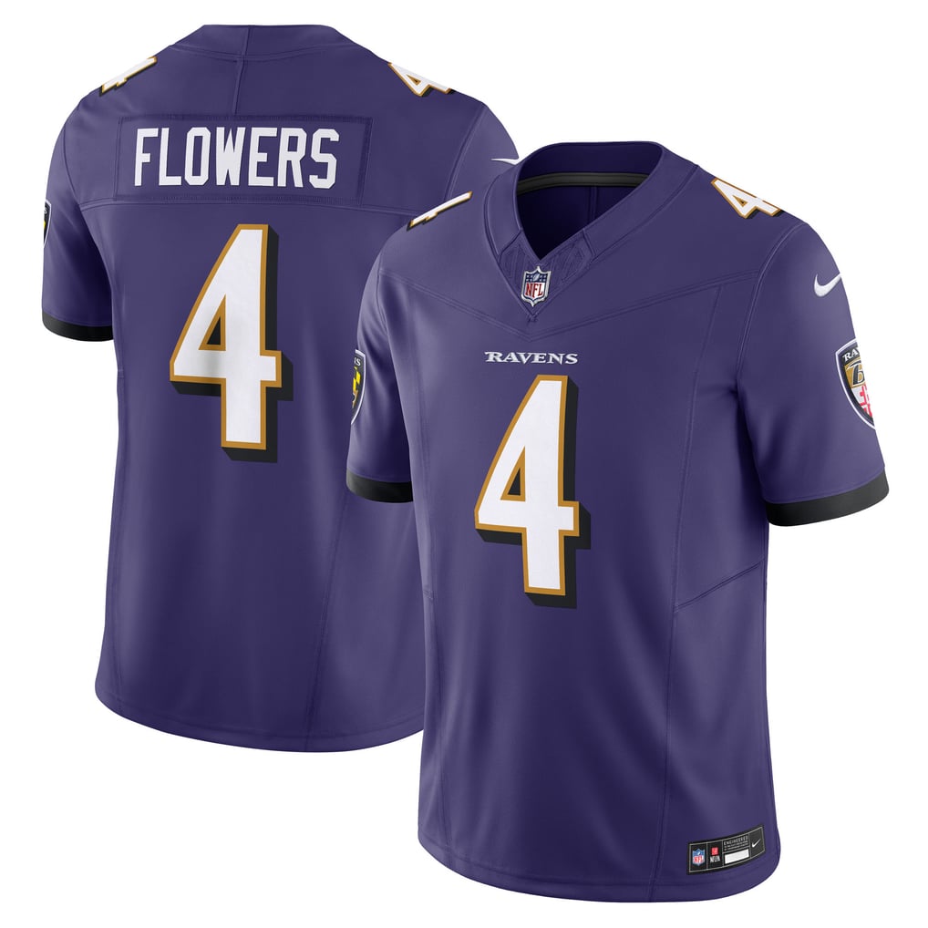 Zay Flowers #4 Baltimore Ravens Purple Home Jersey - front and back reference