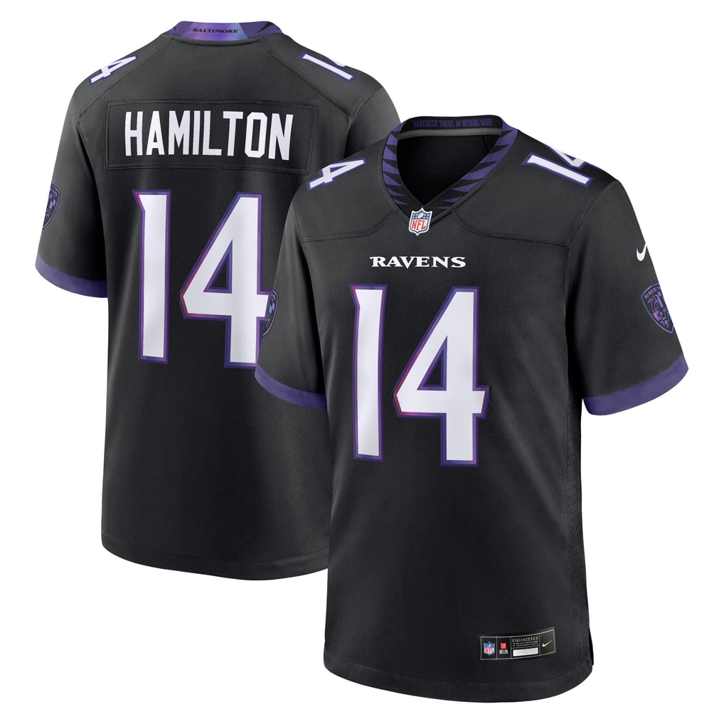 Kyle Hamilton #14 Baltimore Ravens Black Alternate Jersey - front and back reference