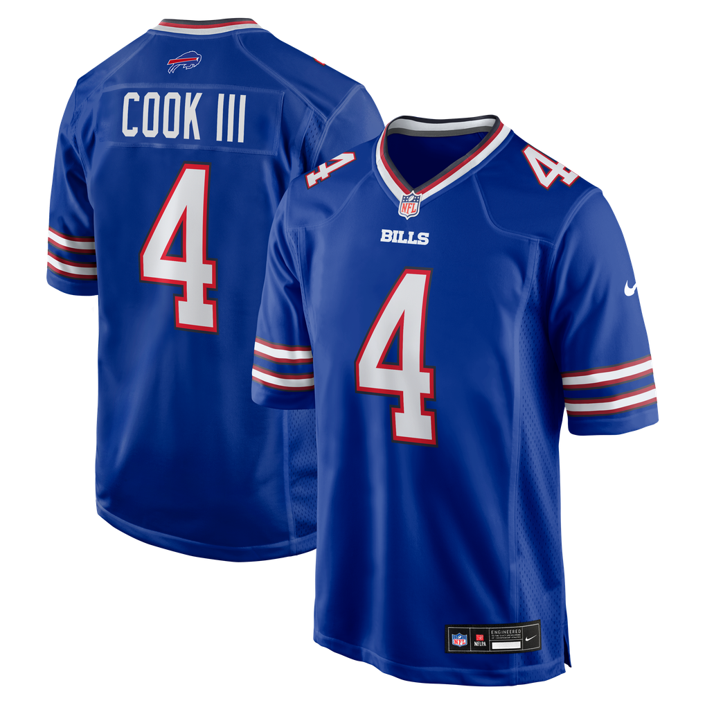 James Cook III #4 Buffalo Bills Royal Home Jersey - front and back reference