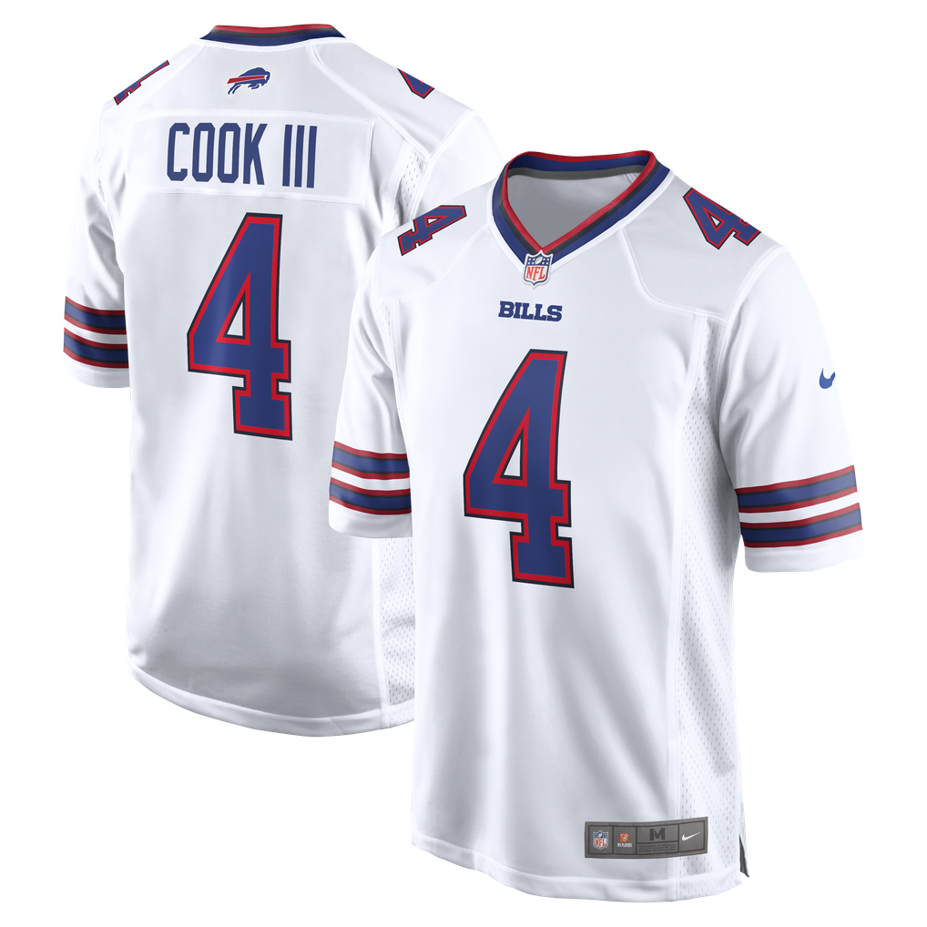 James Cook III #4 Buffalo Bills White Away Jersey - front and back reference