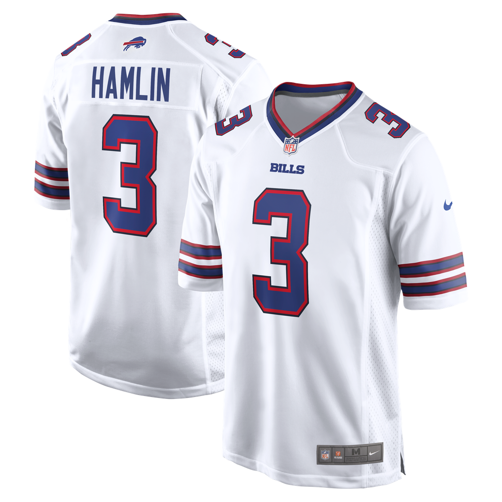 Damar Hamlin #3 Buffalo Bills White Away Jersey - front and back reference