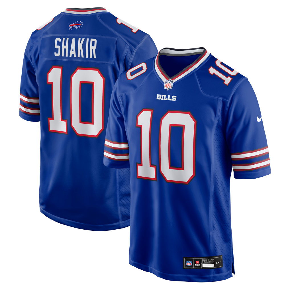 Khalil Shakir #10 Buffalo Bills Royal Home Jersey - front and back reference