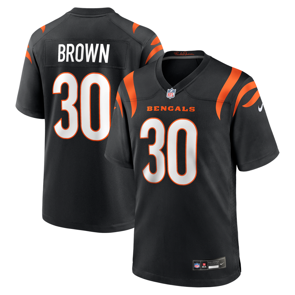 Chase Brown #30 Cincinnati Bengals Black Home Jersey - front and back reference
