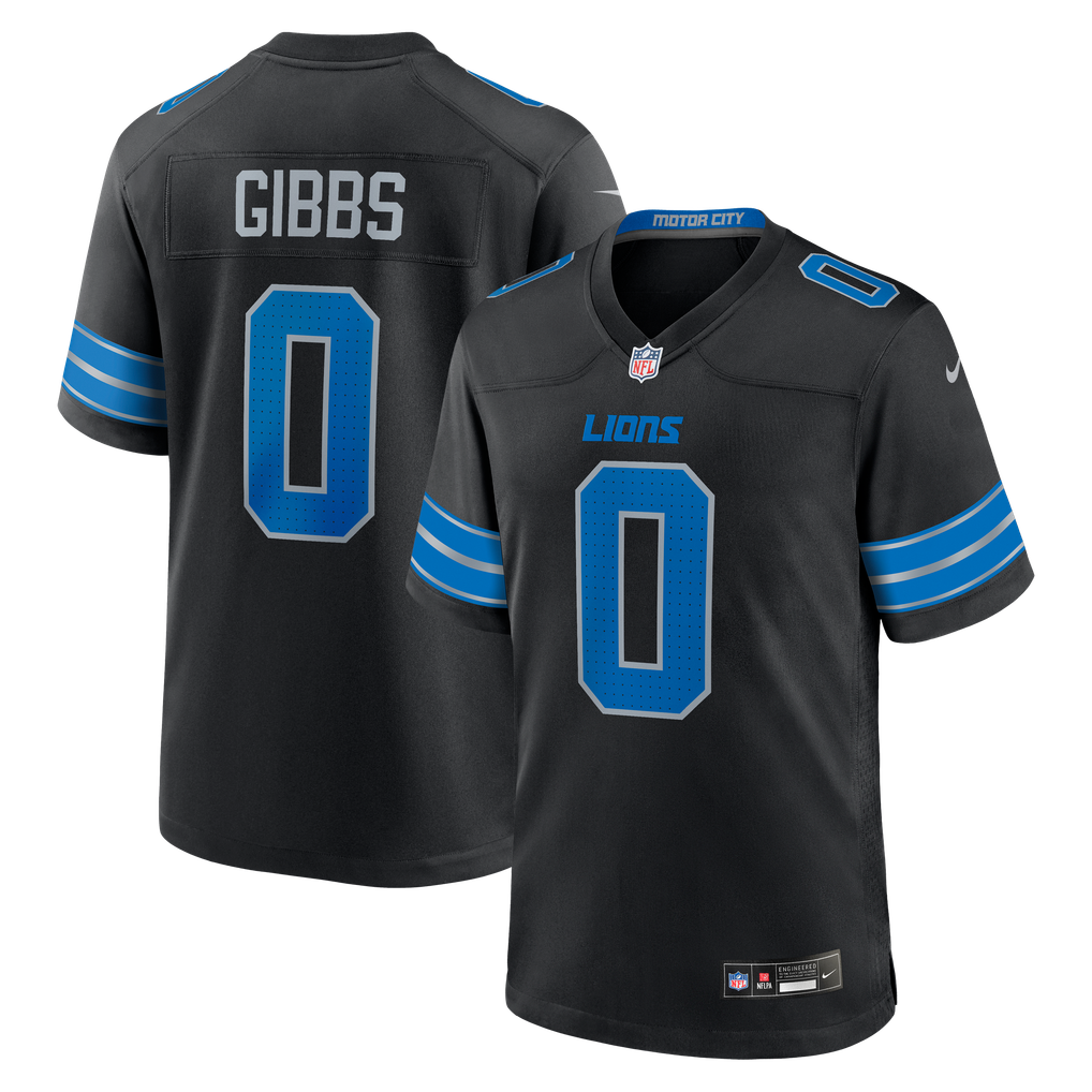 Jahmyr Gibbs #0 Detroit Lions Black Alternate Jersey - front and back reference