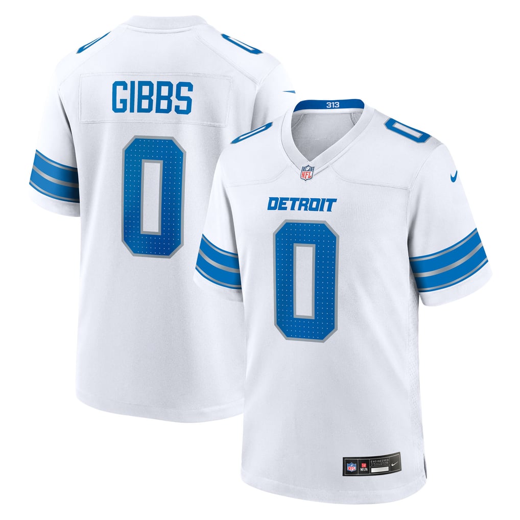 Jahmyr Gibbs #0 Detroit Lions White Away Jersey - front and back reference