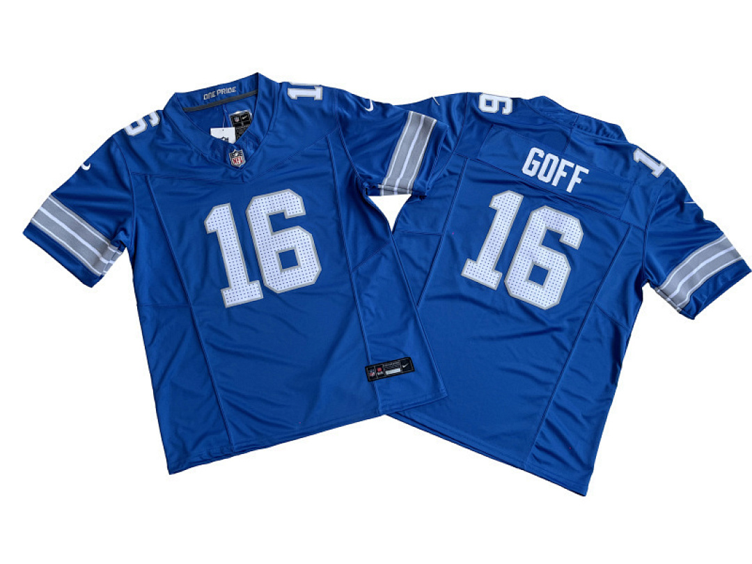 Jared Goff #16 Detroit Lions Blue jersey — supplier actual product photo