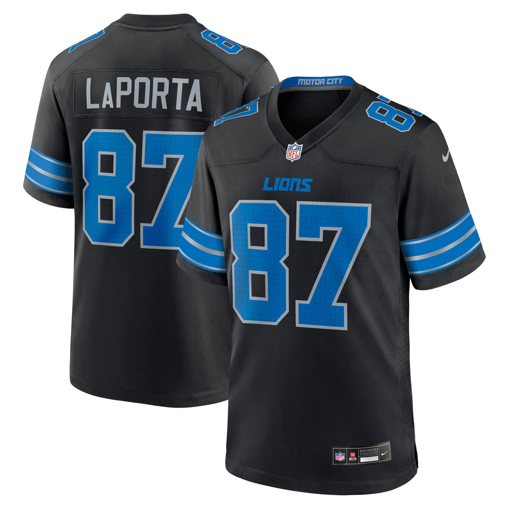 Sam LaPorta #87 Detroit Lions Black Alternate Jersey - front and back reference