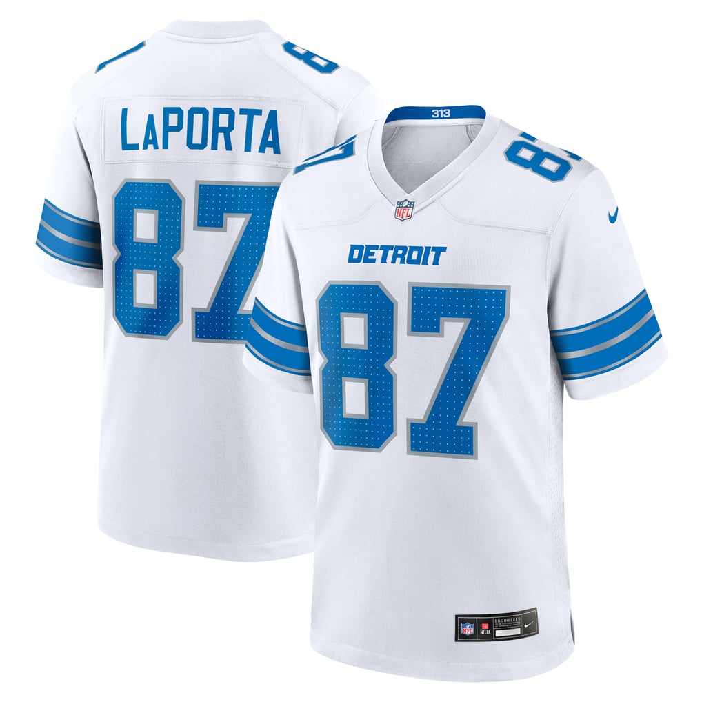 Sam LaPorta #87 Detroit Lions White Away Jersey - front and back reference