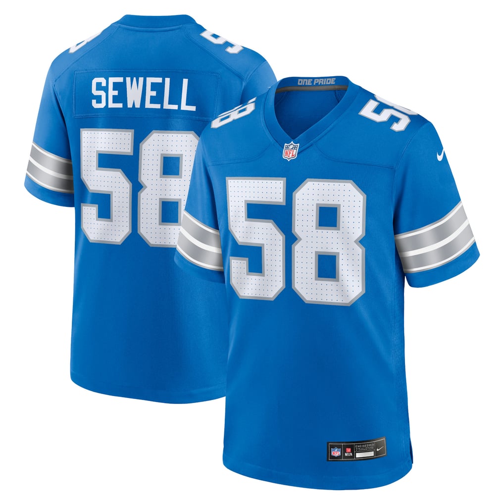 Penei Sewell #58 Detroit Lions Blue Home Jersey - front and back reference