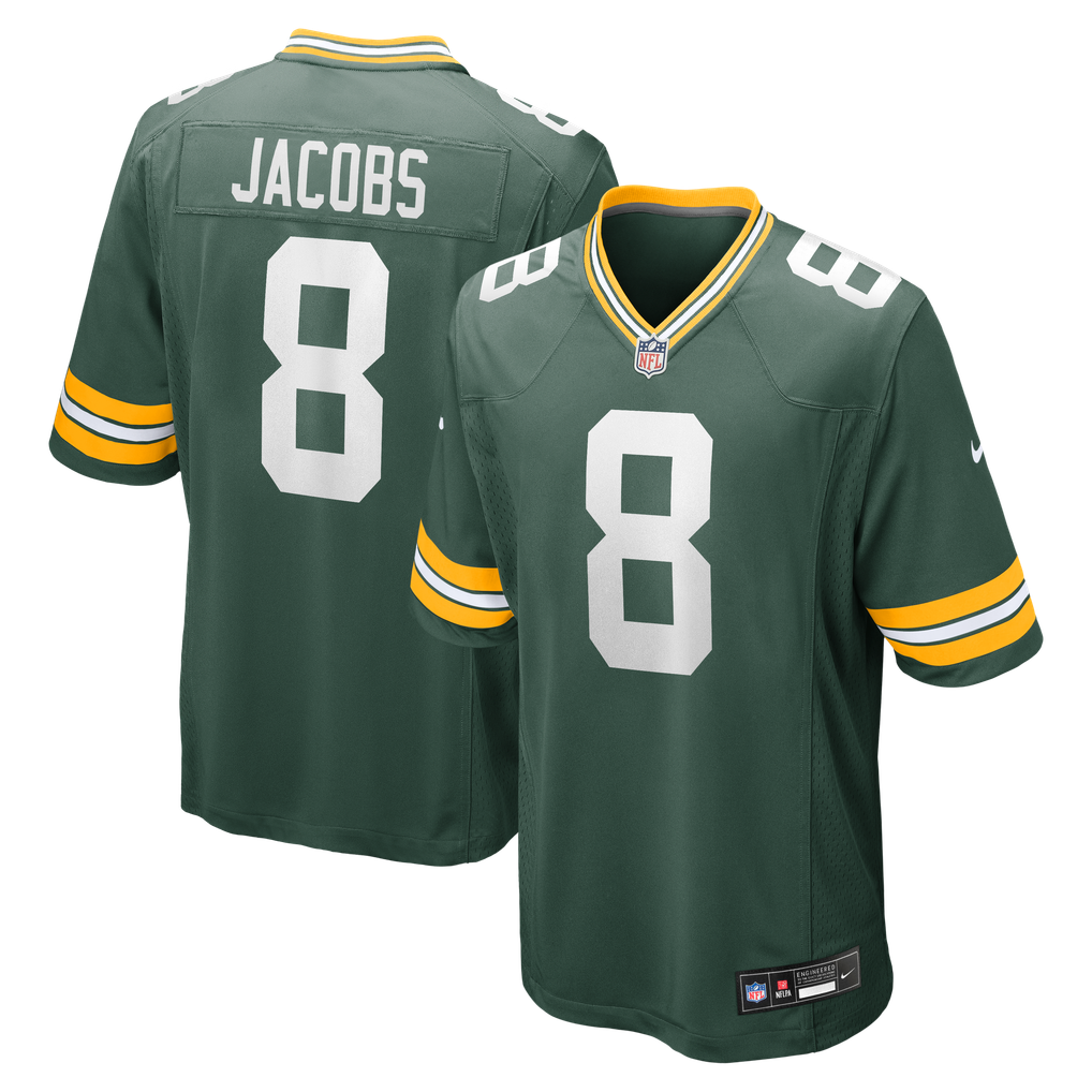 Josh Jacobs #8 Green Bay Packers Green Home Jersey - front and back reference