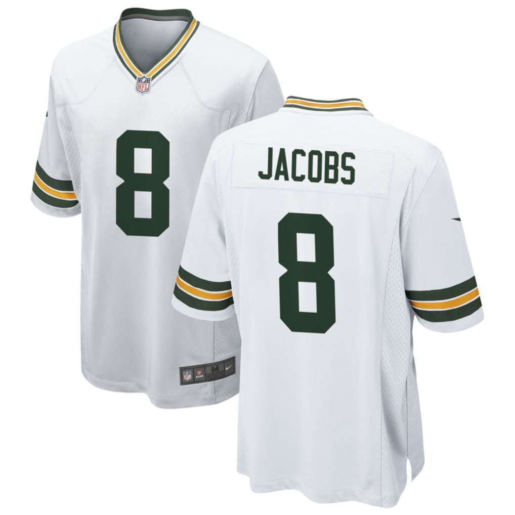 Josh Jacobs #8 Green Bay Packers White Away Jersey - front and back reference