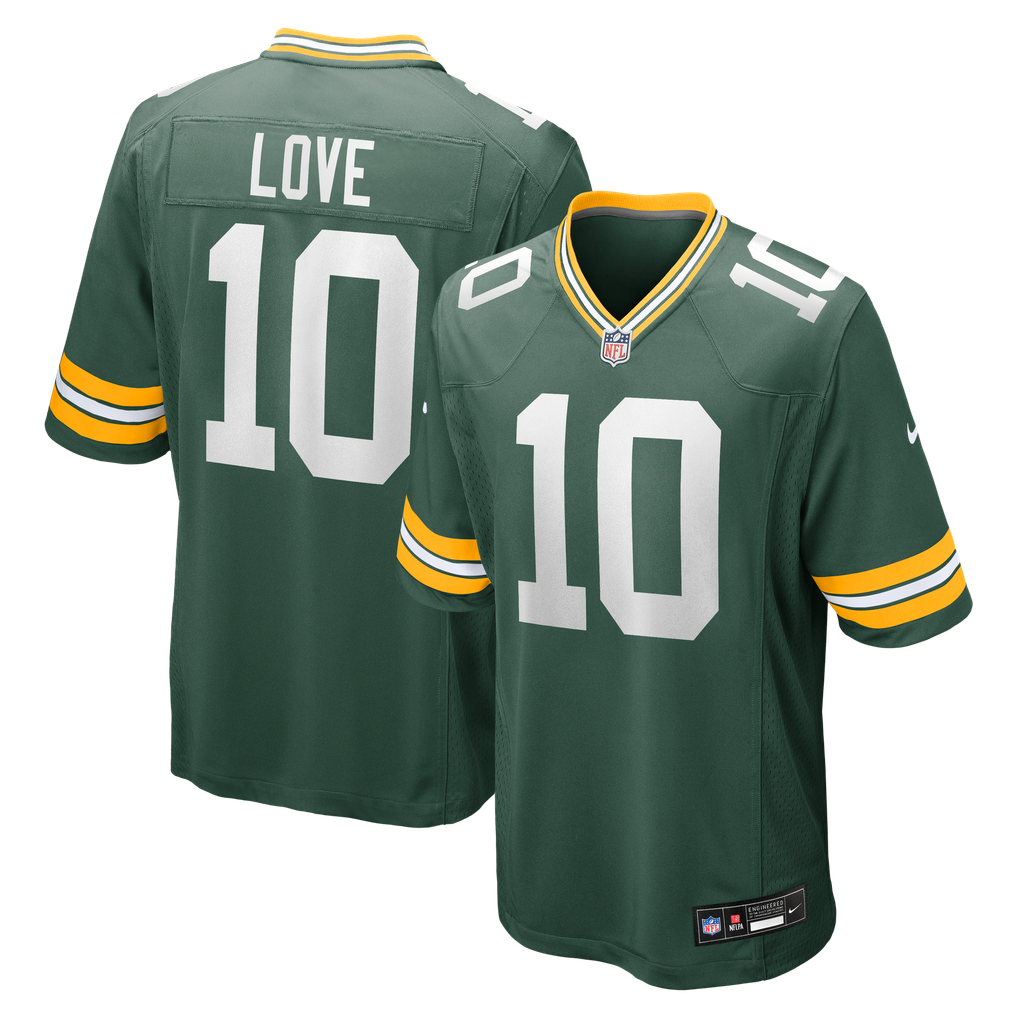 Jordan Love #10 Green Bay Packers Green Home Jersey - front and back reference