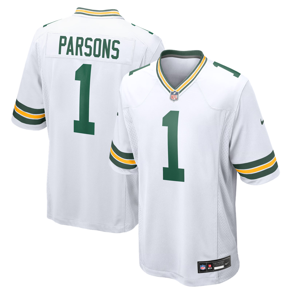 Micah Parsons #1 Green Bay Packers White Away Jersey - front and back reference