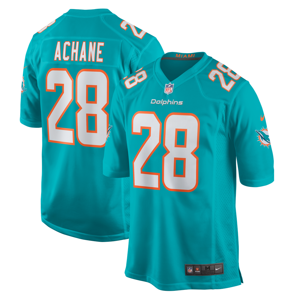 De’Von Achane #28 Miami Dolphins Aqua Home Jersey - front and back reference