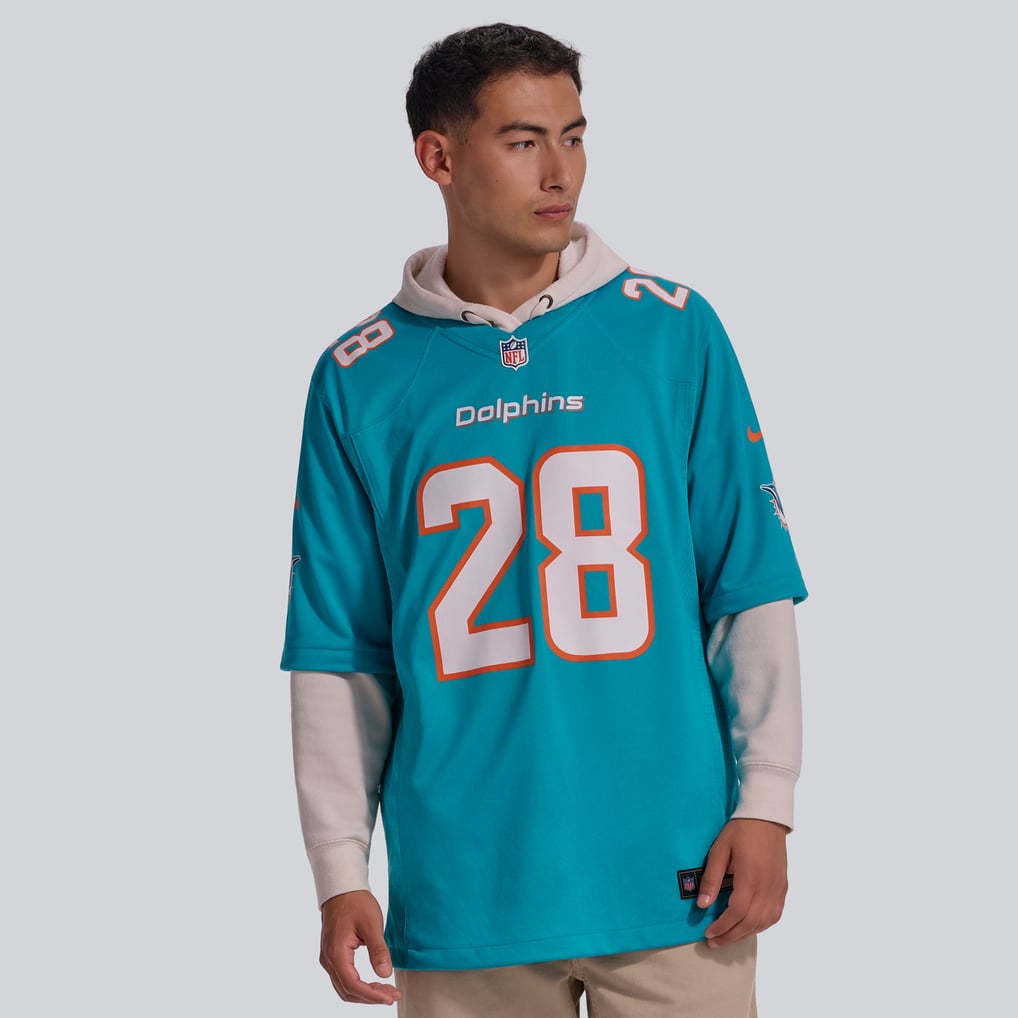 De’Von Achane #28 Miami Dolphins Aqua Home Jersey - front reference