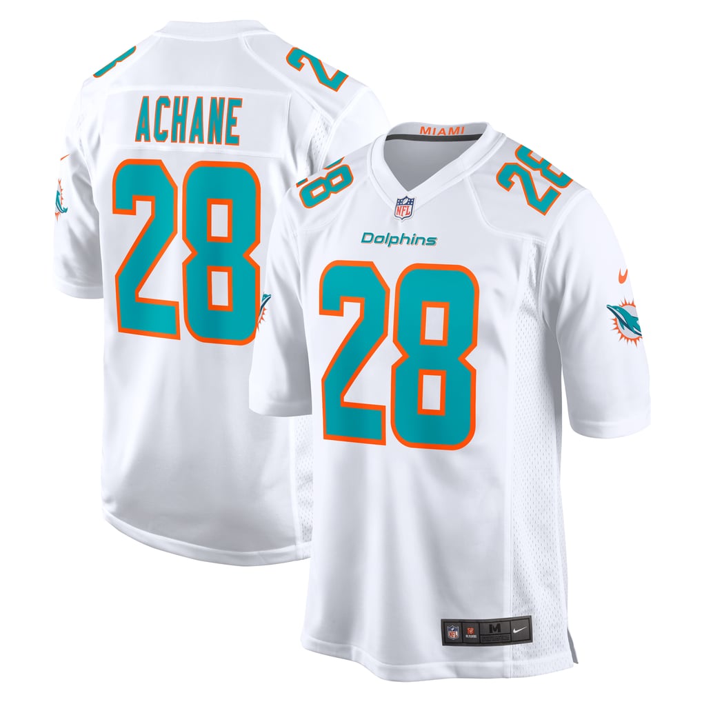 De’Von Achane #28 Miami Dolphins White Away Jersey - front and back reference