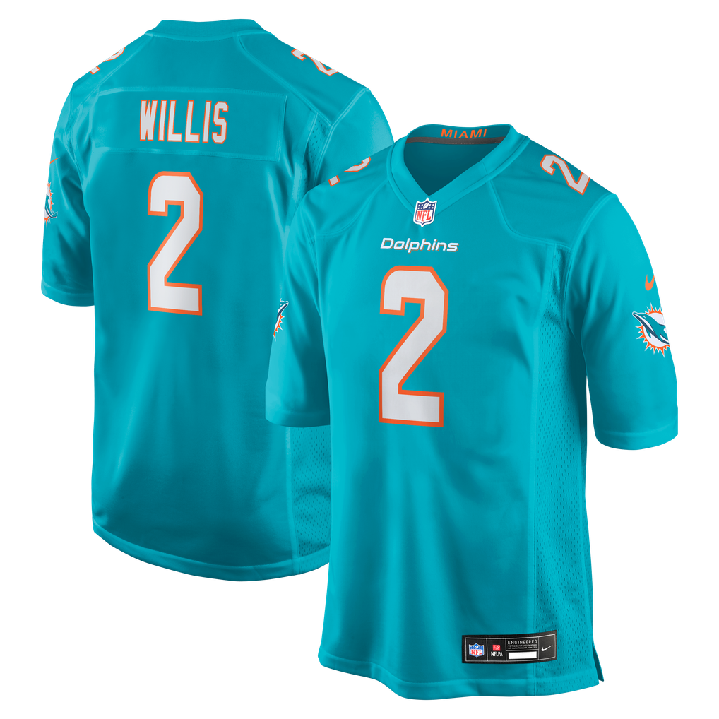 Malik Willis #2 Miami Dolphins Aqua Home Jersey - front and back reference