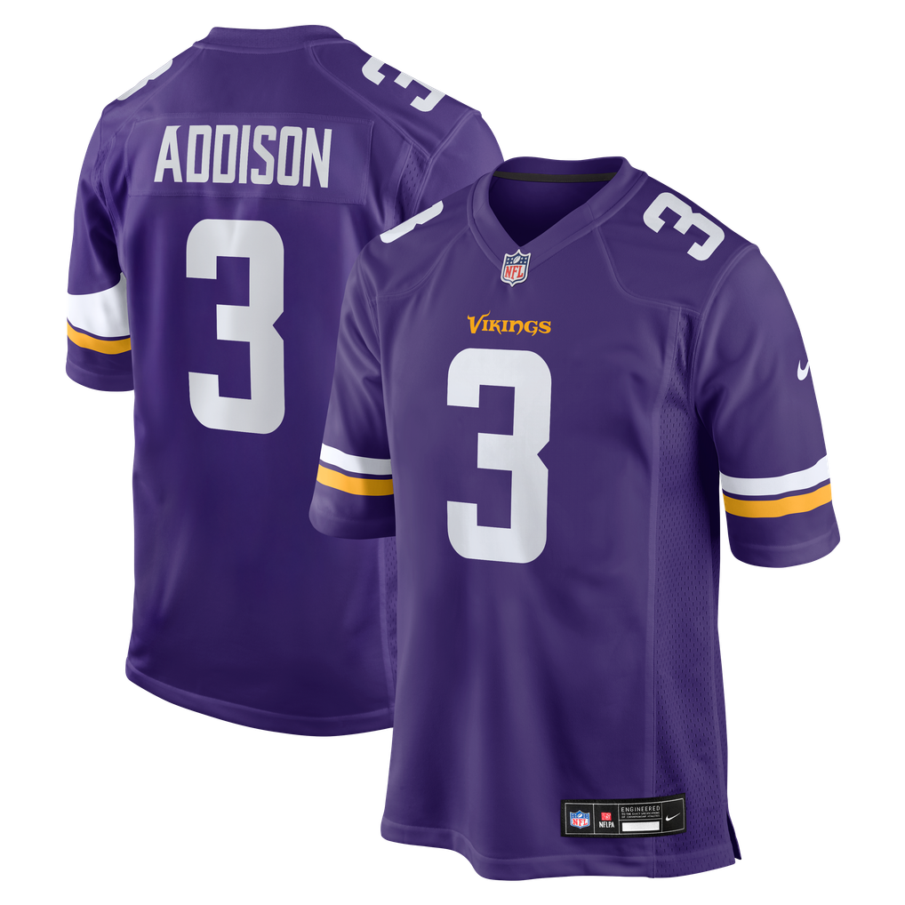 Jordan Addison #3 Minnesota Vikings Purple Home Jersey - front and back reference