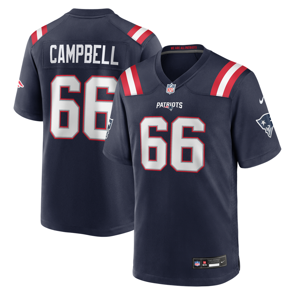 Will Campbell #66 New England Patriots Navy Home Jersey - front and back reference