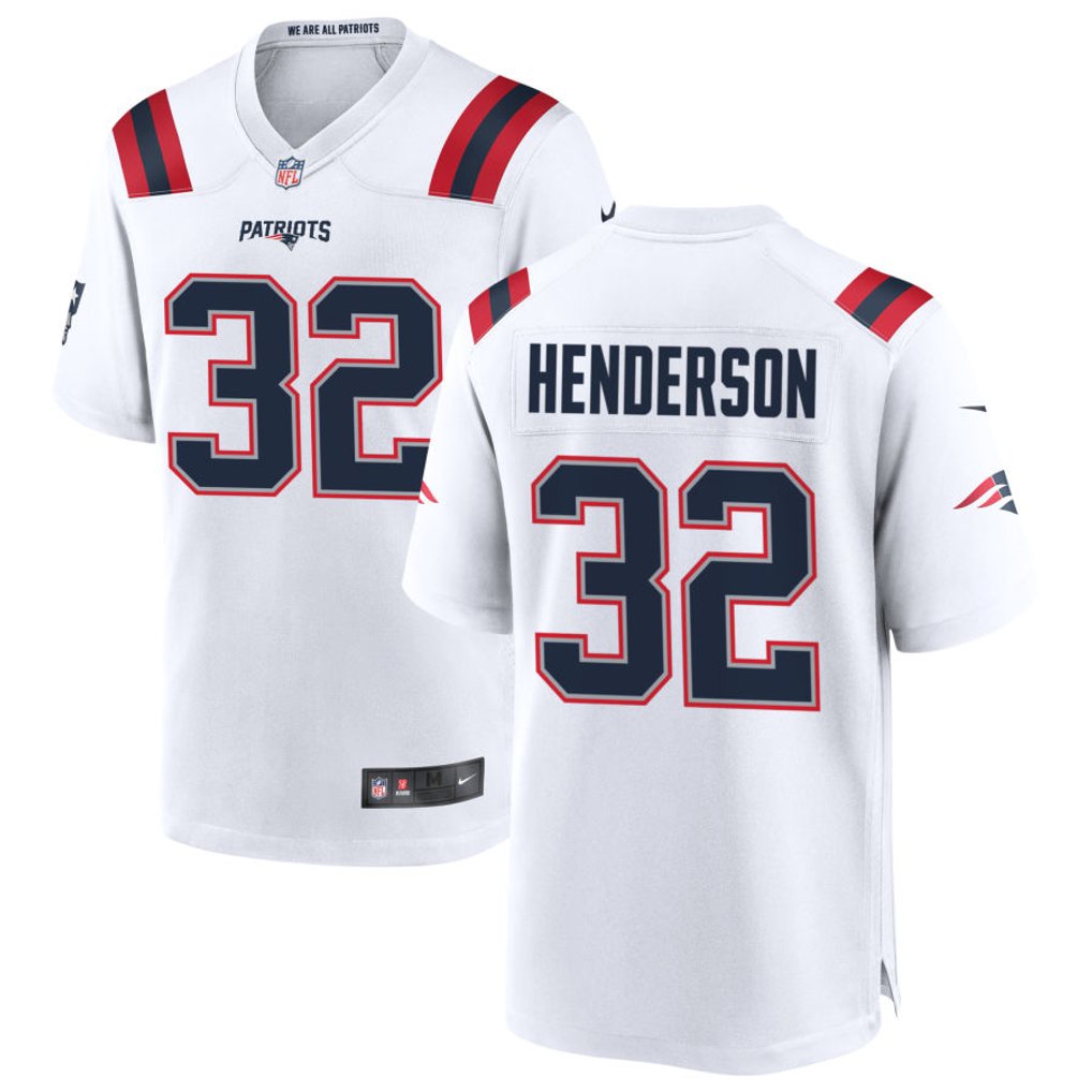 TreVeyon Henderson #32 New England Patriots White Away Jersey - front and back reference
