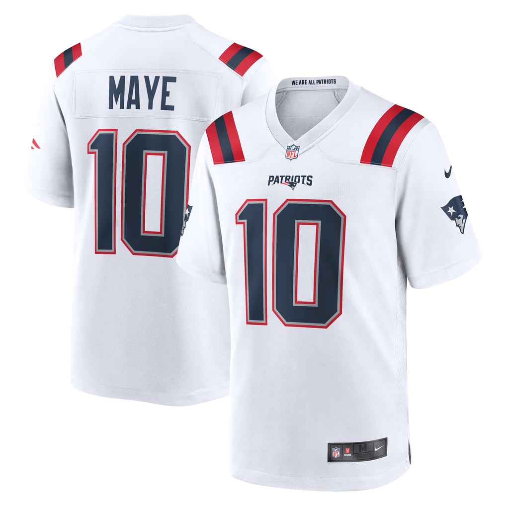 Drake Maye #10 New England Patriots White Away Jersey - front and back reference