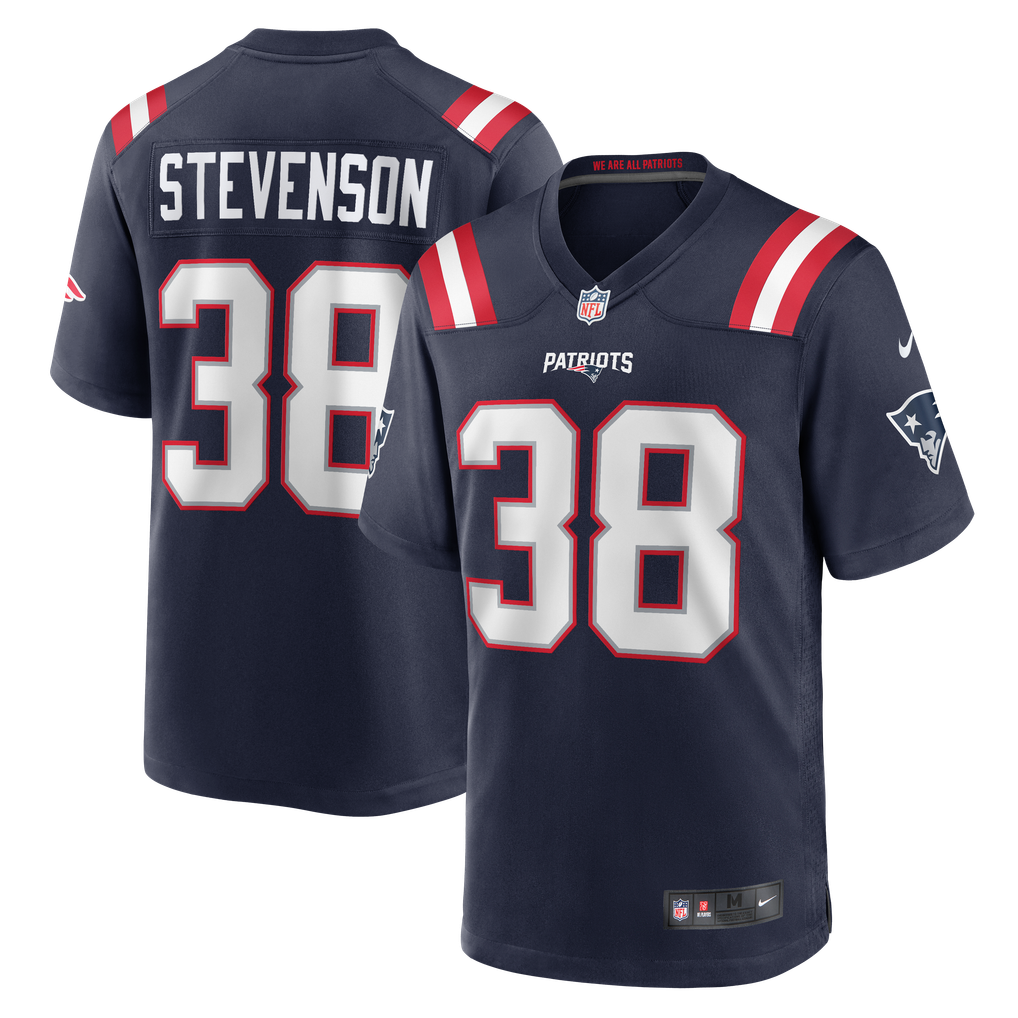 Rhamondre Stevenson #38 New England Patriots Navy Home Jersey - front and back reference