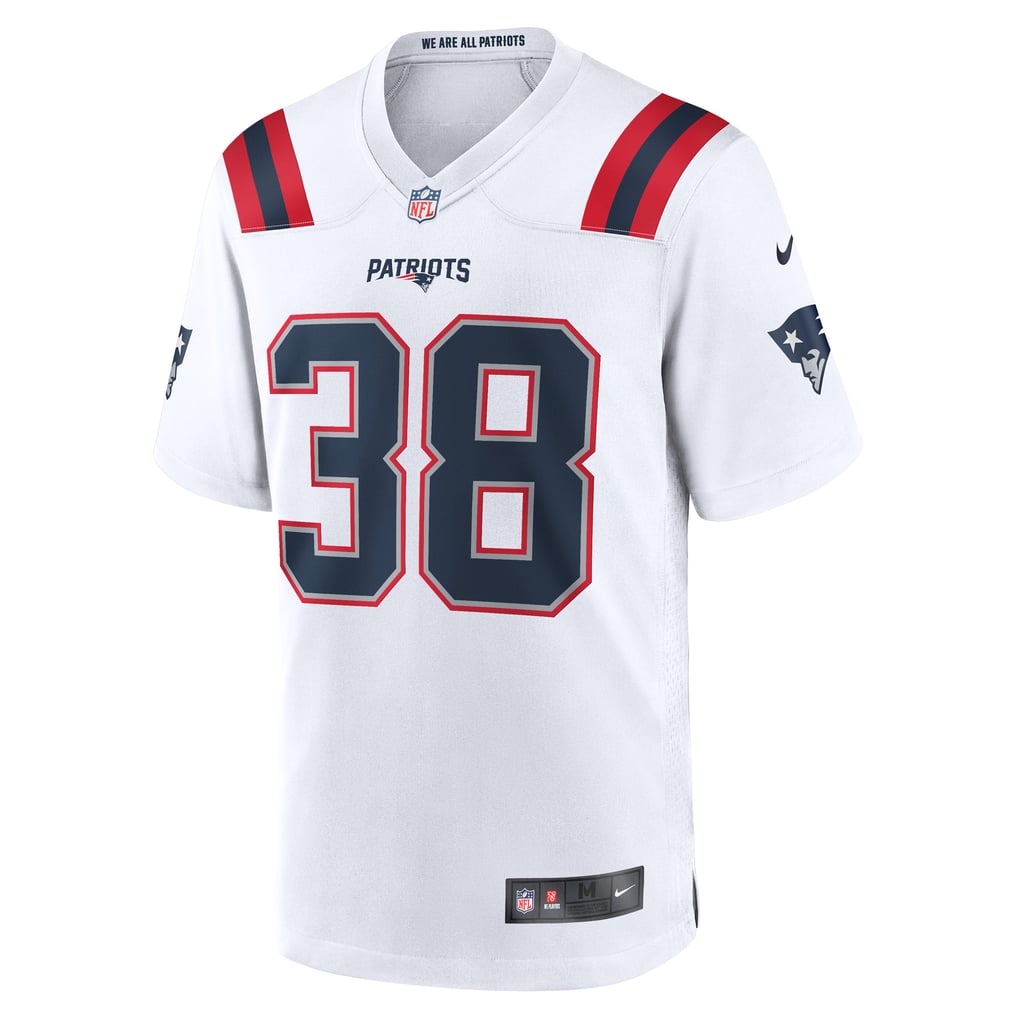Rhamondre Stevenson #38 New England Patriots White Away Jersey - front and back reference
