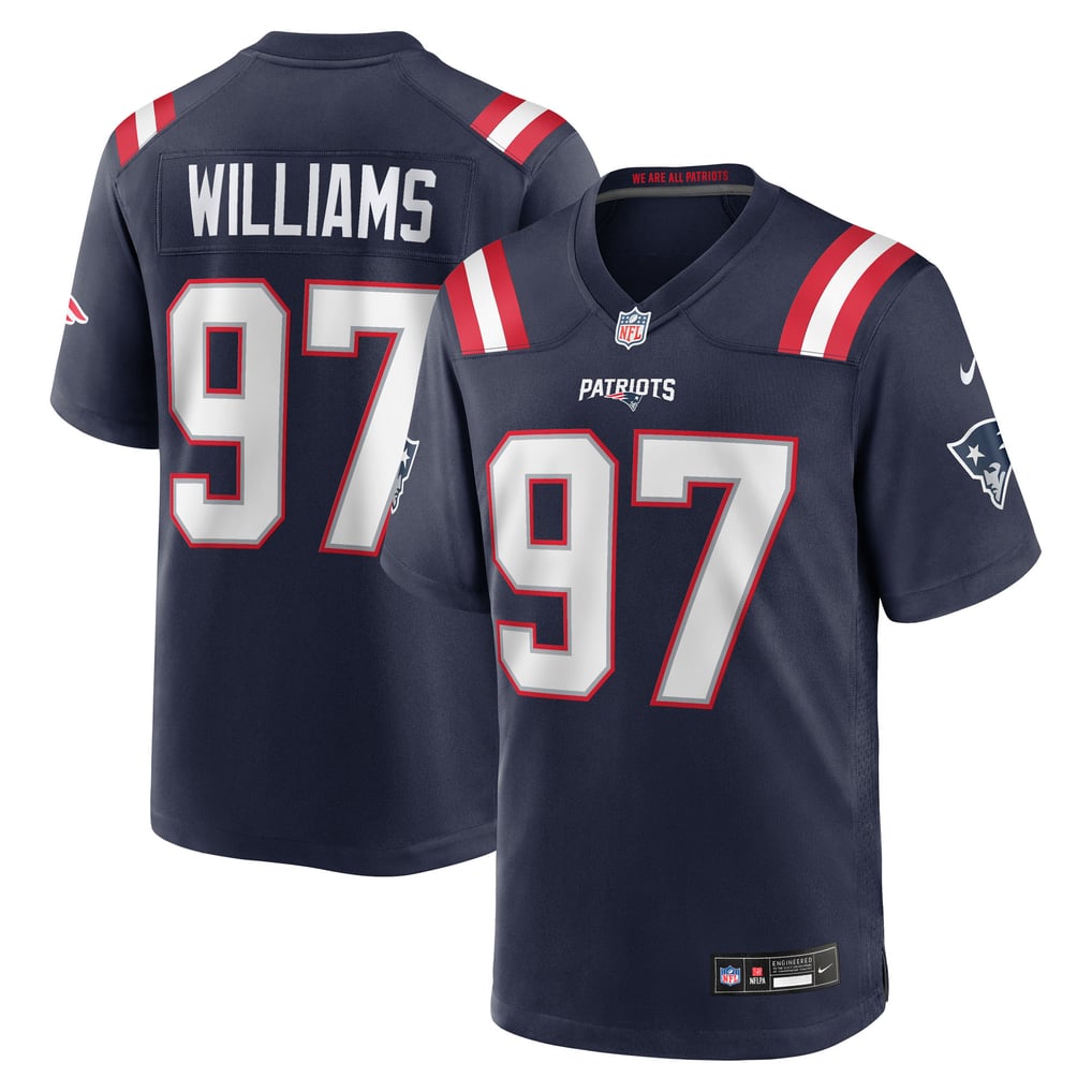Milton Williams #97 New England Patriots Navy Home Jersey - front and back official reference