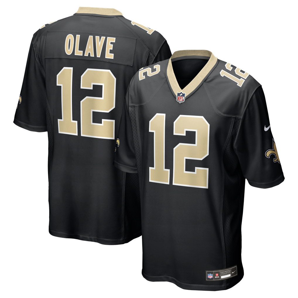 Chris Olave #12 New Orleans Saints Black Home Jersey - front and back reference