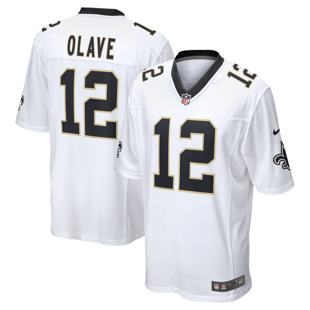 Chris Olave #12 New Orleans Saints White Away Jersey - front and back reference