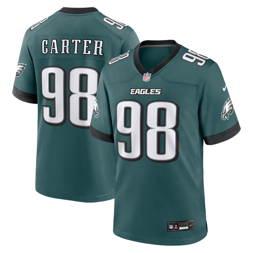 Jalen Carter #98 Philadelphia Eagles Midnight Green Home Jersey - front and back reference