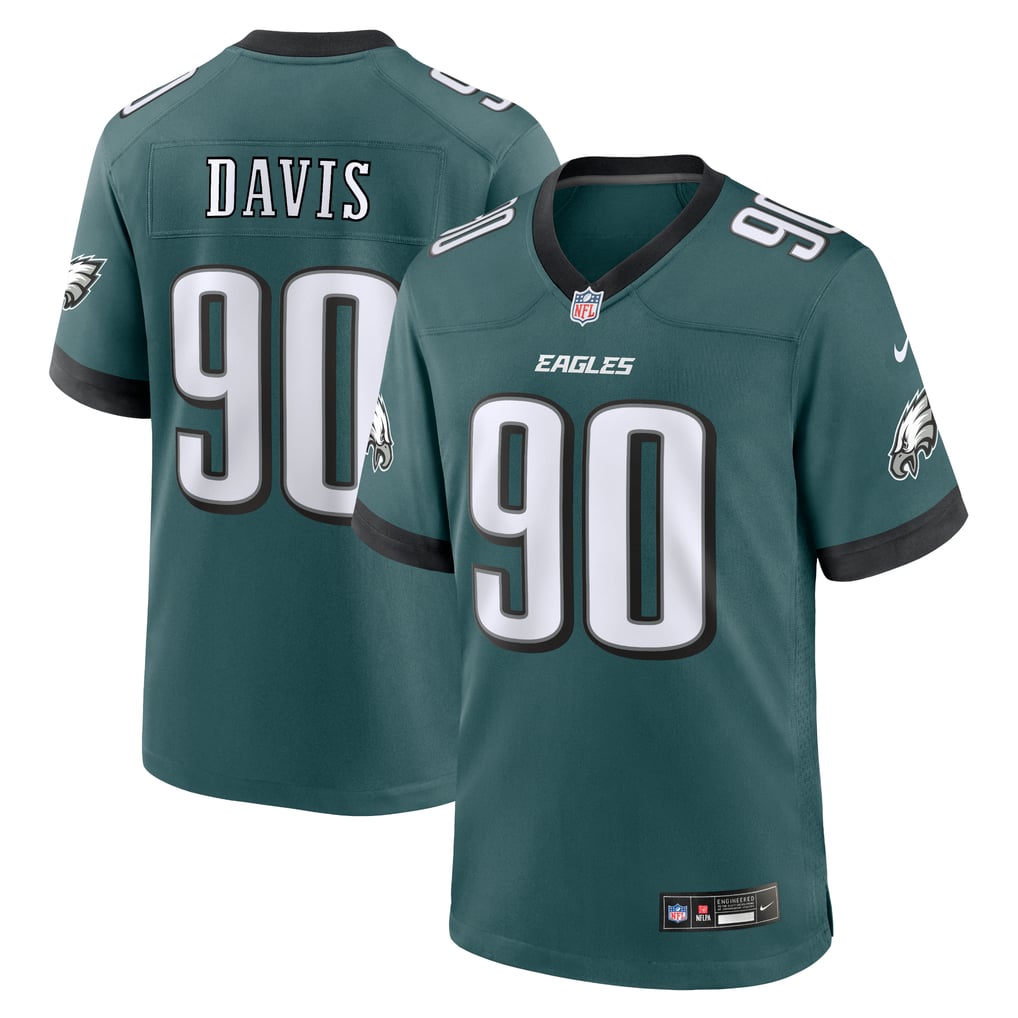 Jordan Davis #90 Philadelphia Eagles Midnight Green Home Jersey - front and back reference