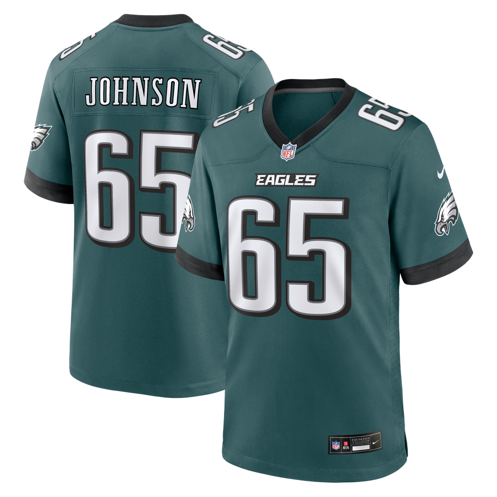 Lane Johnson #65 Philadelphia Eagles Midnight Green Home Jersey - front and back reference