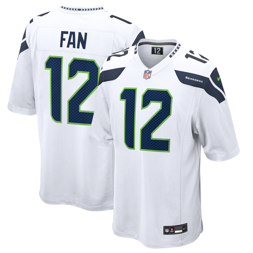 Fan #12 Seattle Seahawks White Away Jersey - front and back reference