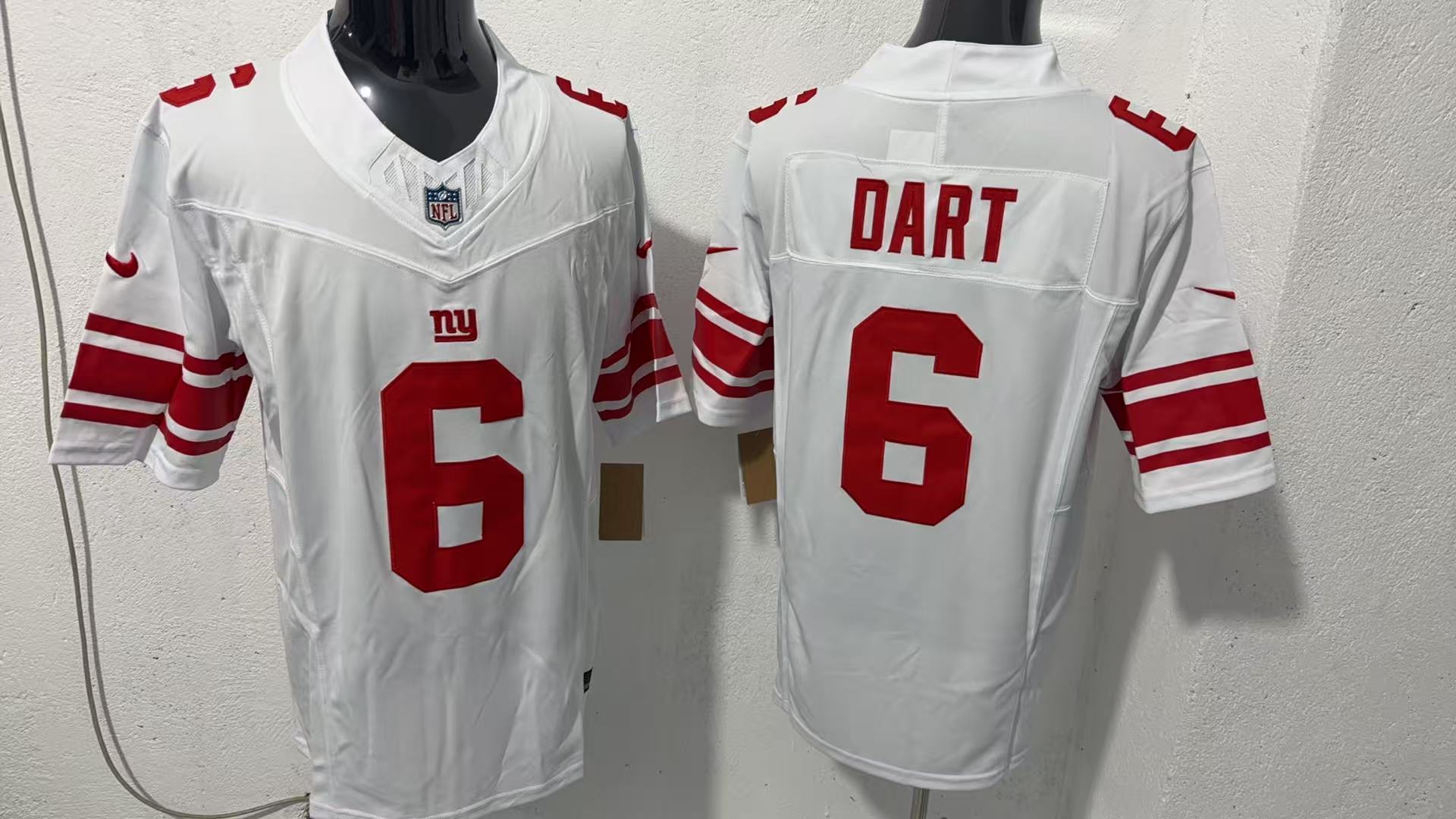 Jaxson Dart #6 New York Giants White Away Jersey — supplier front and back
