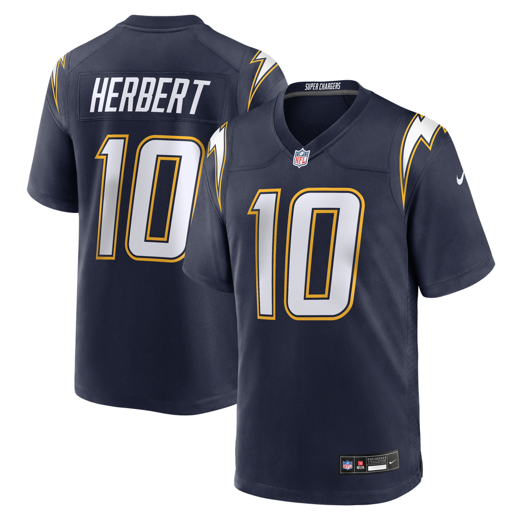 Justin Herbert #10 Navy Super Chargers jersey front and back