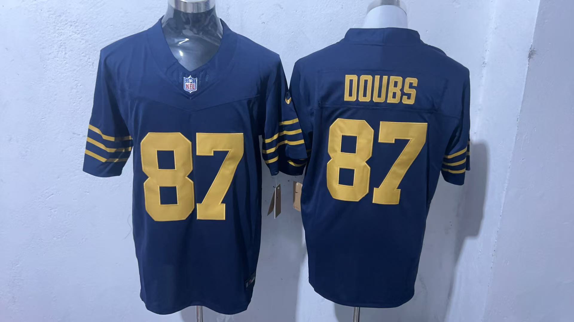 Romeo Doubs #87 Green Bay Packers Navy 1923 Classic Jersey — supplier front and back
