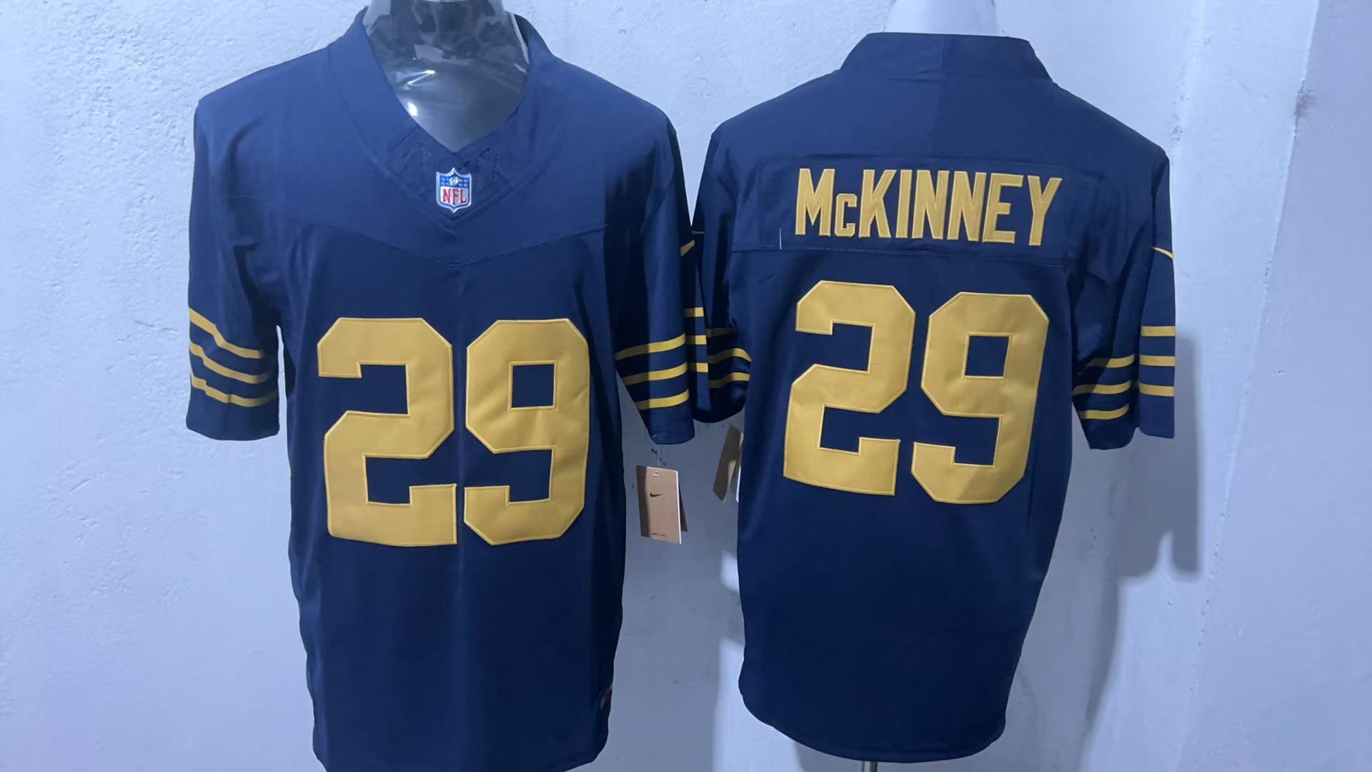 Xavier McKinney #29 Green Bay Packers Navy 1923 Classic Jersey — supplier front and back